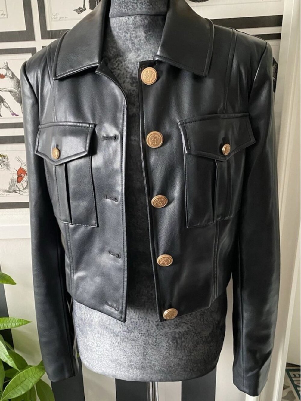 7 For All Mankind Faux Leather Gold Button Up Crop Jacket